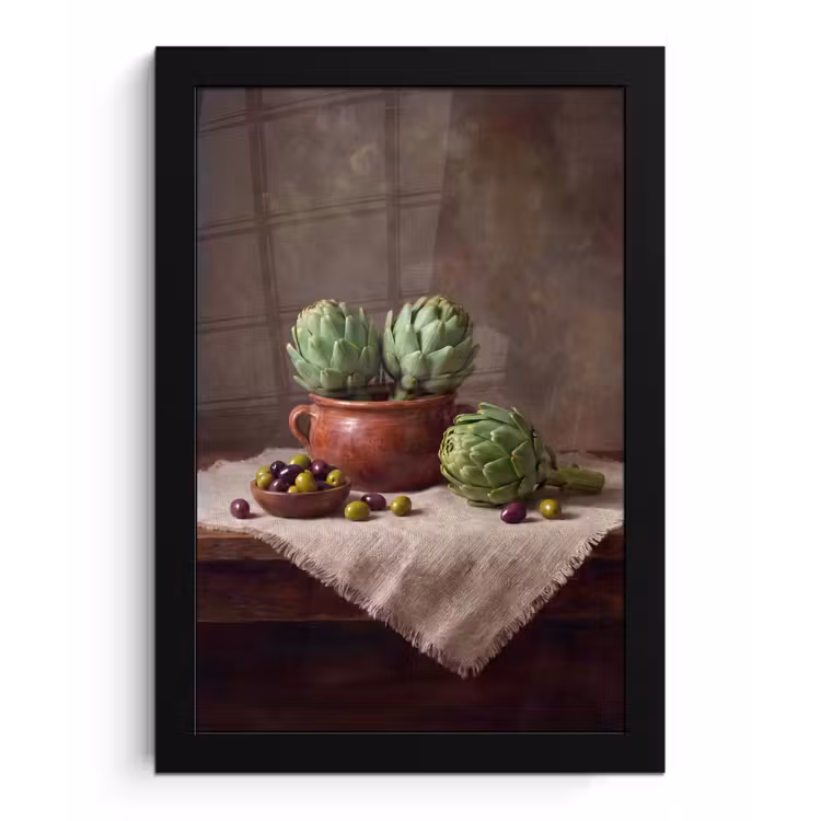 Framed Prints - Artichokes - Olives - Food - Artisjokken - Olijven - Eten fotolijst zwart zonder passe partout klein
