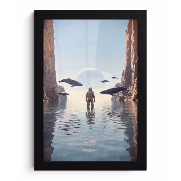 Framed Prints - Astronaut - Whale - Fantasy - Ruimtevaarder - Walvis - Fantasie fotolijst zwart zonder passe partout klein