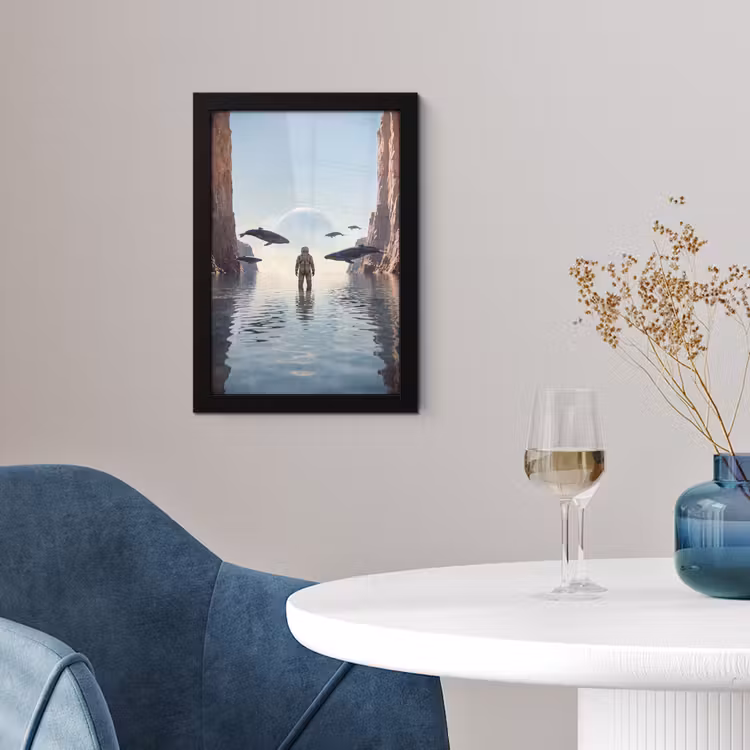 Framed Prints - Astronaut - Whale - Fantasy - Ruimtevaarder - Walvis - Fantasie fotolijst zwart zonder passe partout klein