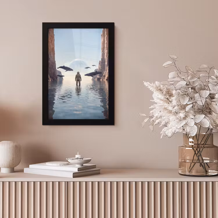 Framed Prints - Astronaut - Whale - Fantasy - Ruimtevaarder - Walvis - Fantasie fotolijst zwart zonder passe partout klein