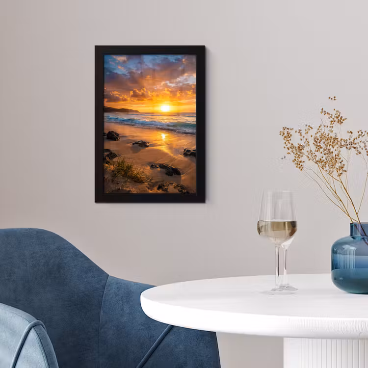 Strand - Zonsondergang - Golven - Natuur - Oranje fotolijst zwart zonder passe partout klein -sfeer4