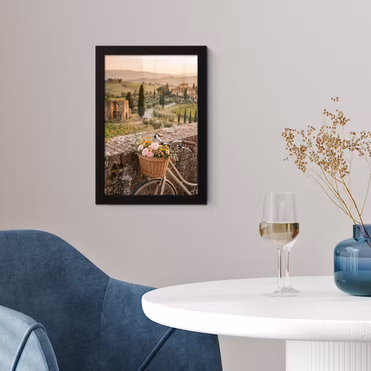 Fiets - Bloemen - Toscane - Landschap - Roze fotolijst zwart zonder passe partout klein -sfeer4