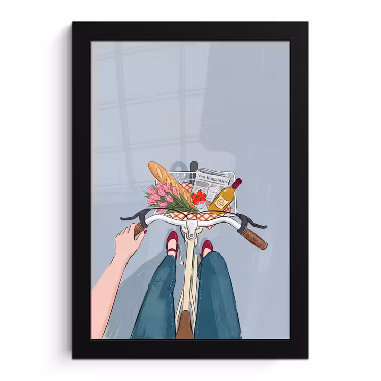 Fiets - Picknick - Zomer - Illustratie fotolijst zwart zonder passe partout klein -3d