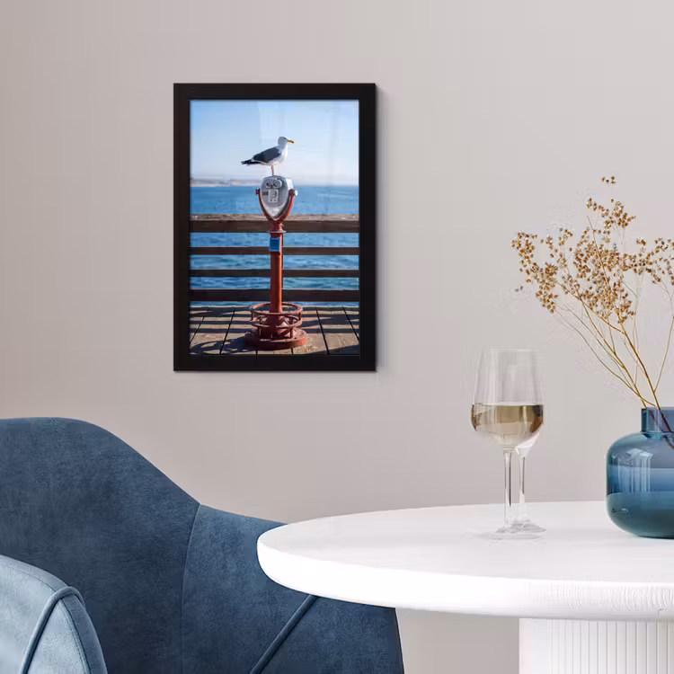 Vogel - Verrekijker - Kust - Zee - Blauw fotolijst zwart zonder passe partout klein -sfeer4