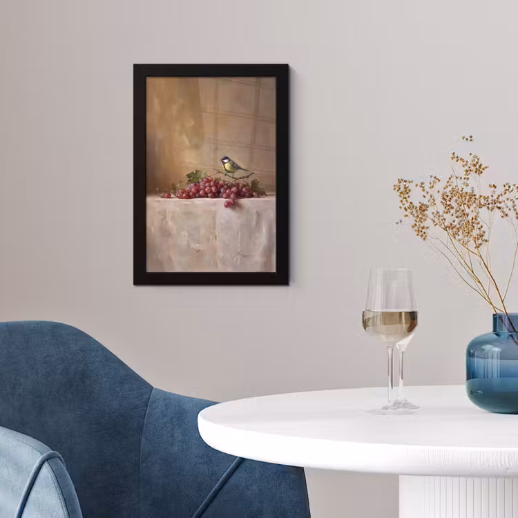 Framed Prints - Bird - Grapes - Still Life - Vogel - Druiven - Stilleven fotolijst zwart zonder passe partout klein