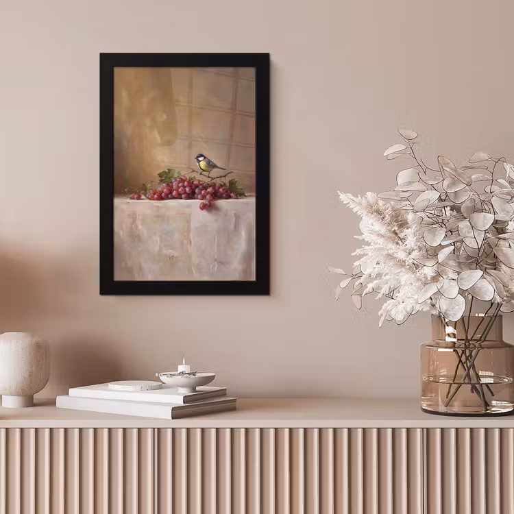 Framed Prints - Bird - Grapes - Still Life - Vogel - Druiven - Stilleven fotolijst zwart zonder passe partout klein