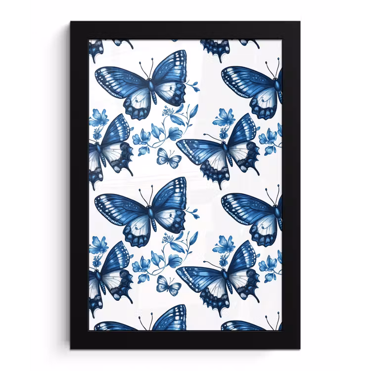 Blauw - Vlinders - Bloemen - Wit fotolijst zwart zonder passe partout klein 224 -3d