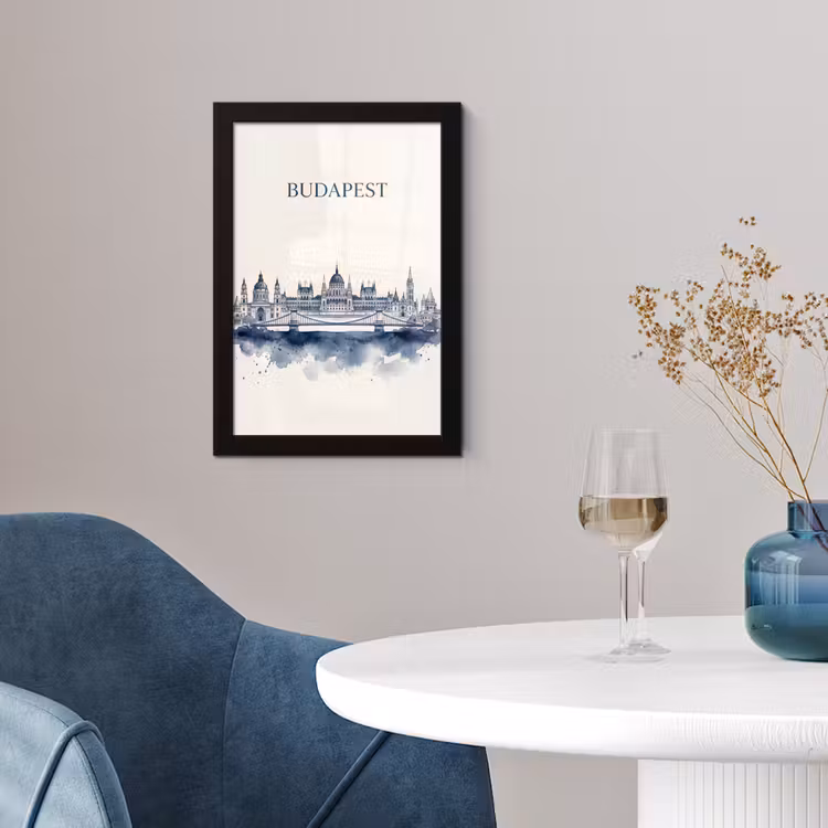 Boedapest - Skyline - Architectuur - Aquarel - Blauw fotolijst zwart zonder passe partout klein -sfeer4