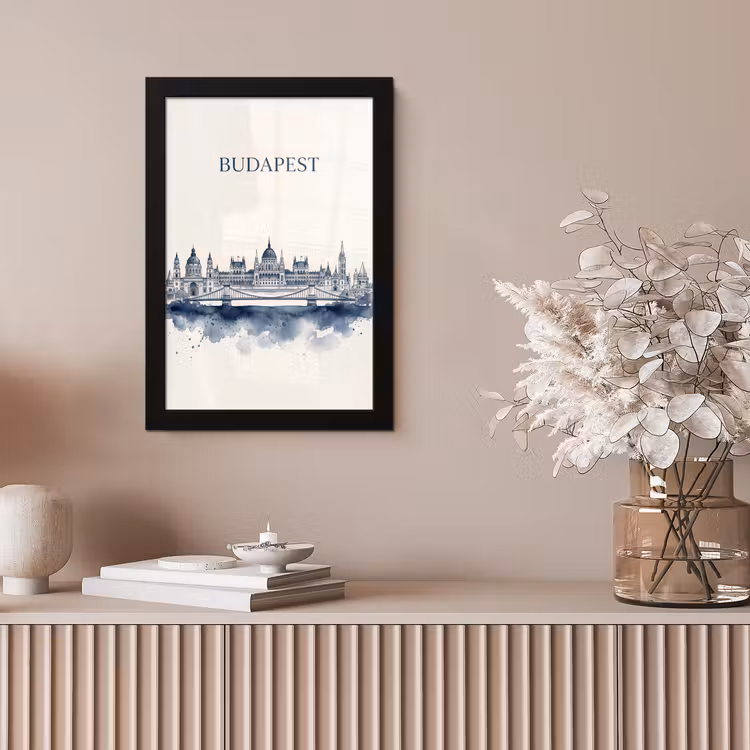 Boedapest - Skyline - Architectuur - Aquarel - Blauw fotolijst zwart zonder passe partout klein -sfeer5