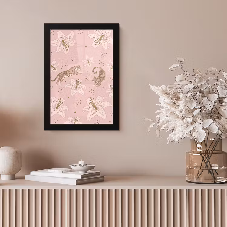 Kat - Springend - Bloemen - Abstract - Roze fotolijst zwart zonder passe partout klein -sfeer5