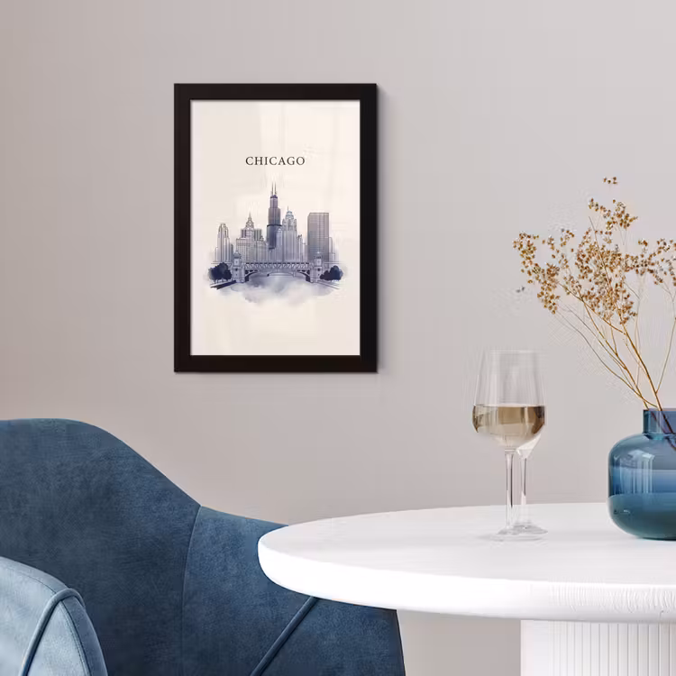 Stad - Skyline - Architectuur - Lijntekening - Blauw fotolijst zwart zonder passe partout klein -sfeer4