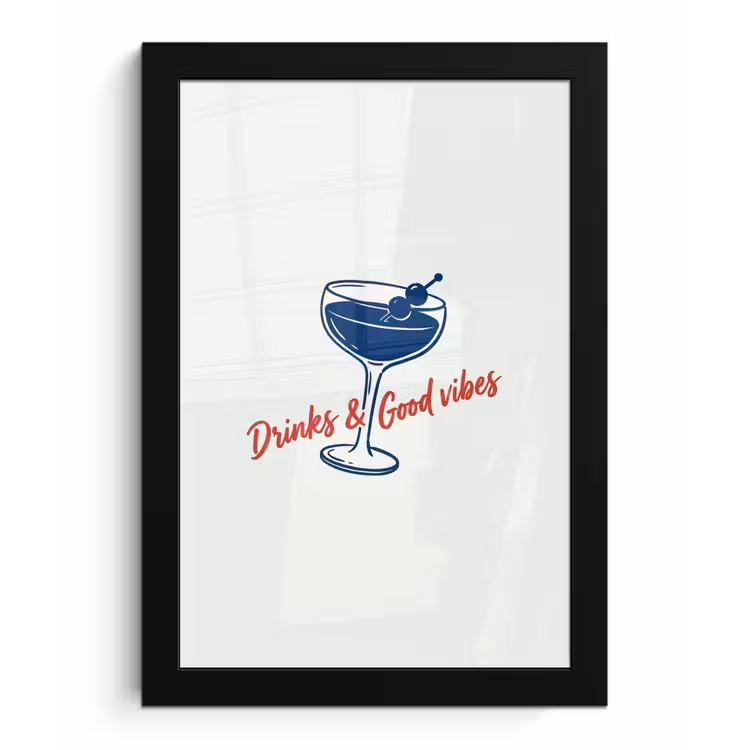 Cocktail - Glas - Illustratie - Blauw - Wit fotolijst zwart zonder passe partout klein -3d