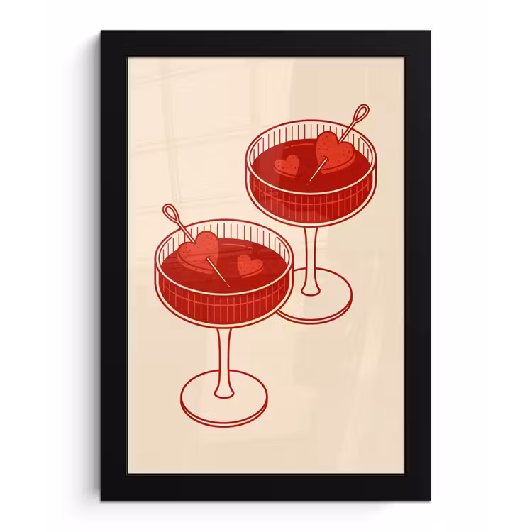 Cocktail - Hartjes - Liefde - Illustratie - Rood fotolijst zwart zonder passe partout klein -3d