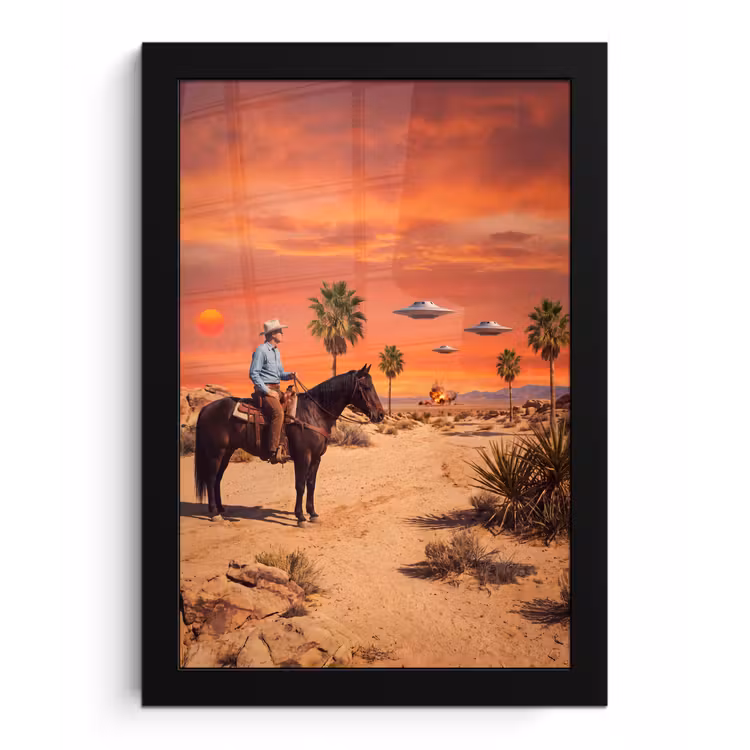 Framed Prints - Cowboy - Horse - Desert - Cowboy - Paard - Woestijn fotolijst zwart zonder passe partout klein