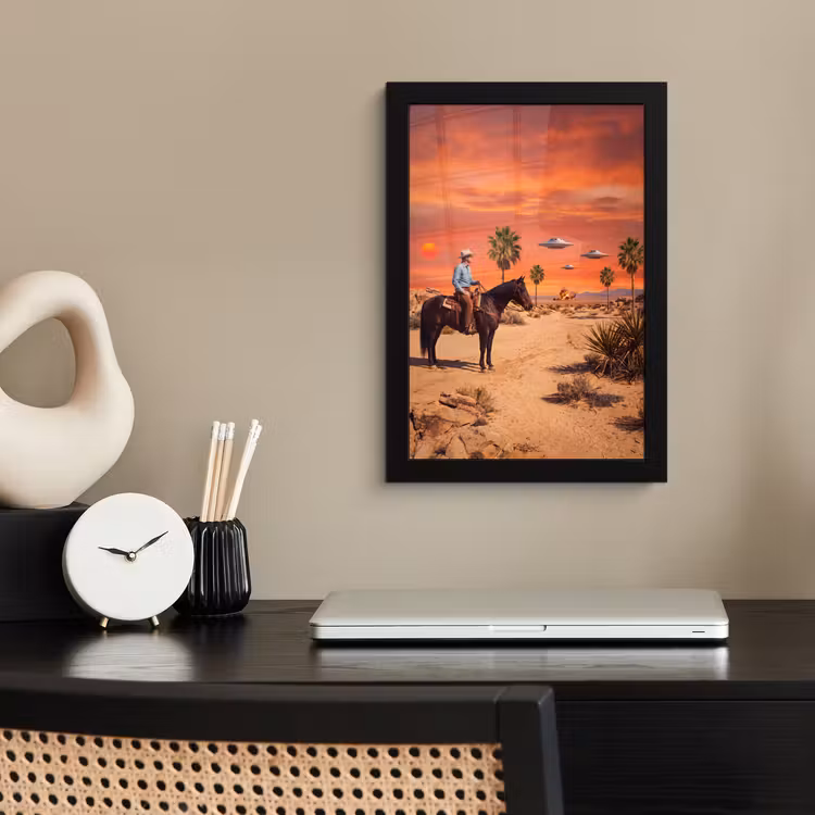 Framed Prints - Cowboy - Horse - Desert - Cowboy - Paard - Woestijn fotolijst zwart zonder passe partout klein