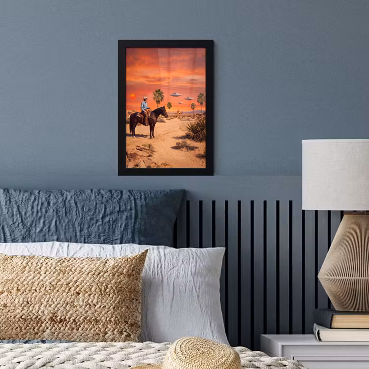 Framed Prints - Cowboy - Horse - Desert - Cowboy - Paard - Woestijn fotolijst zwart zonder passe partout klein