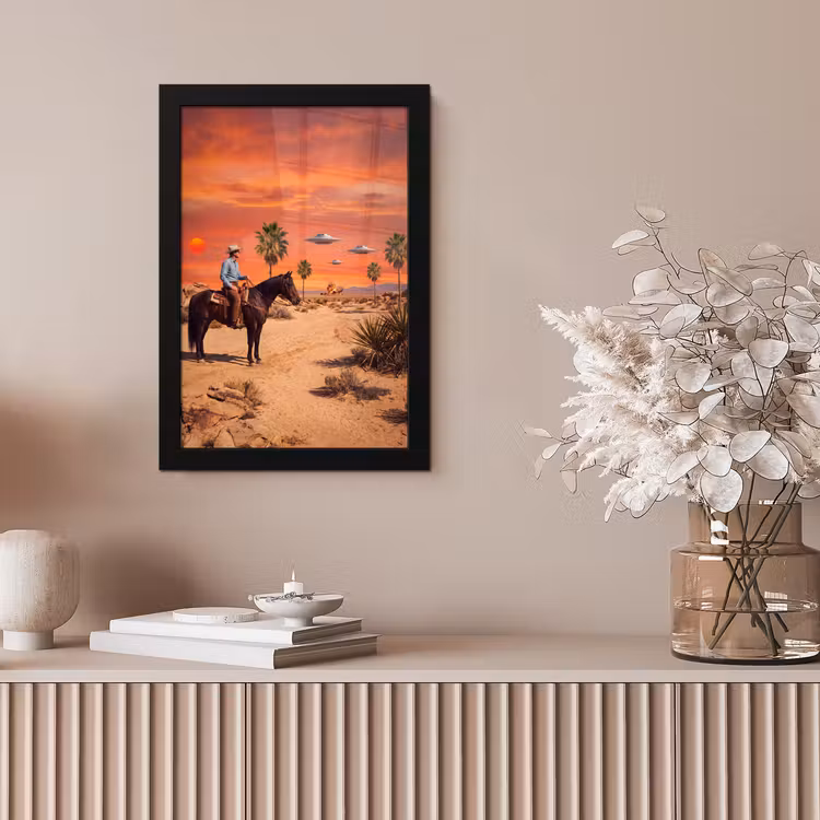 Framed Prints - Cowboy - Horse - Desert - Cowboy - Paard - Woestijn fotolijst zwart zonder passe partout klein