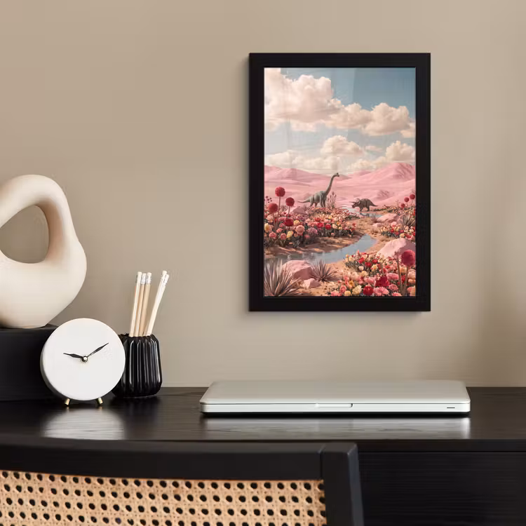 Framed Prints - Dinosaur - Pink - Landscape - Dinosaurus - Roze - Landschap fotolijst zwart zonder passe partout klein