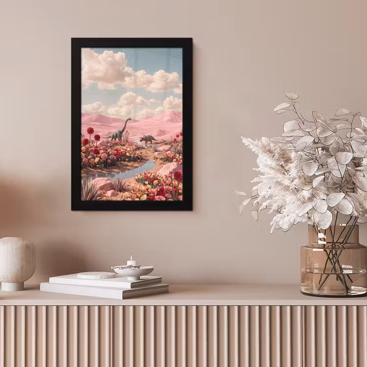 Framed Prints - Dinosaur - Pink - Landscape - Dinosaurus - Roze - Landschap fotolijst zwart zonder passe partout klein