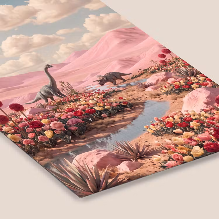 Framed Prints - Dinosaur - Pink - Landscape - Dinosaurus - Roze - Landschap fotolijst zwart zonder passe partout klein