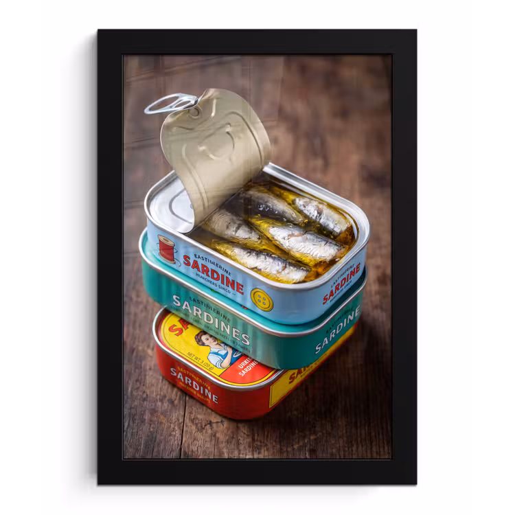 Framed Prints - Fish - Cans - Kitchen - Vis - Blikjes - Keuken fotolijst zwart zonder passe partout klein