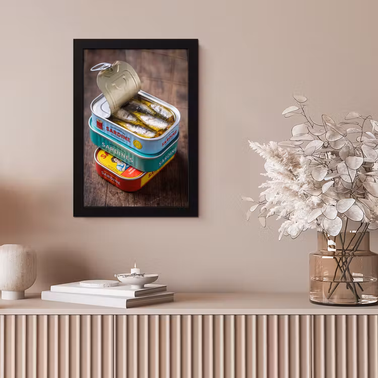 Framed Prints - Fish - Cans - Kitchen - Vis - Blikjes - Keuken fotolijst zwart zonder passe partout klein