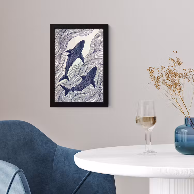 Vis - Oceaan - Lijntekening - Blauw - Dieren fotolijst zwart zonder passe partout klein -sfeer4