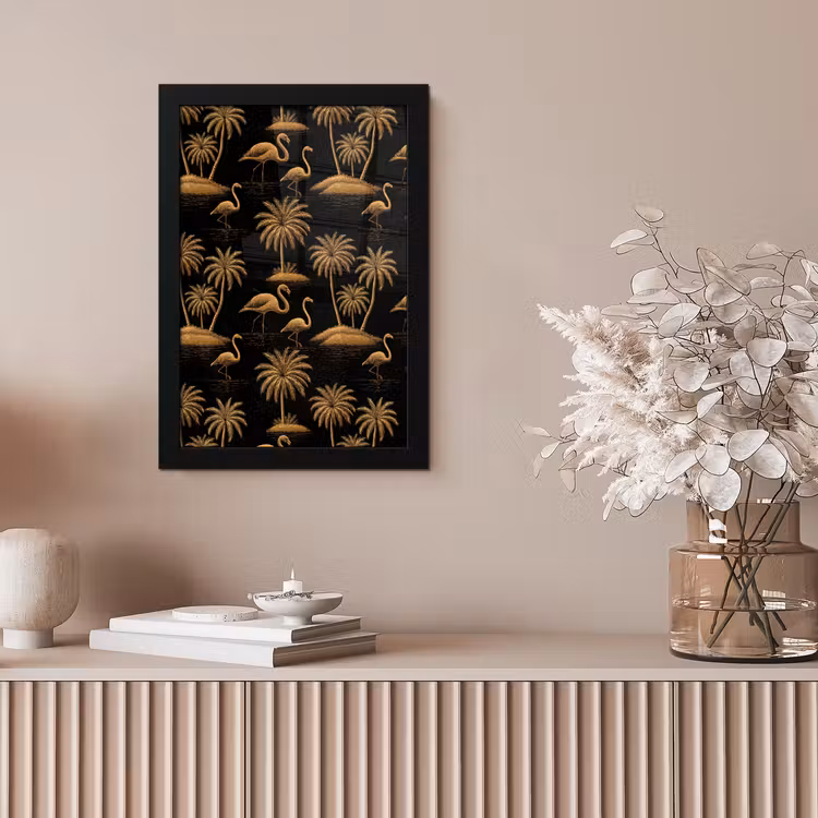 Flamingo - Palmbomen - Tropisch - Goud - Zwart fotolijst zwart zonder passe partout klein 224 -sfeer5