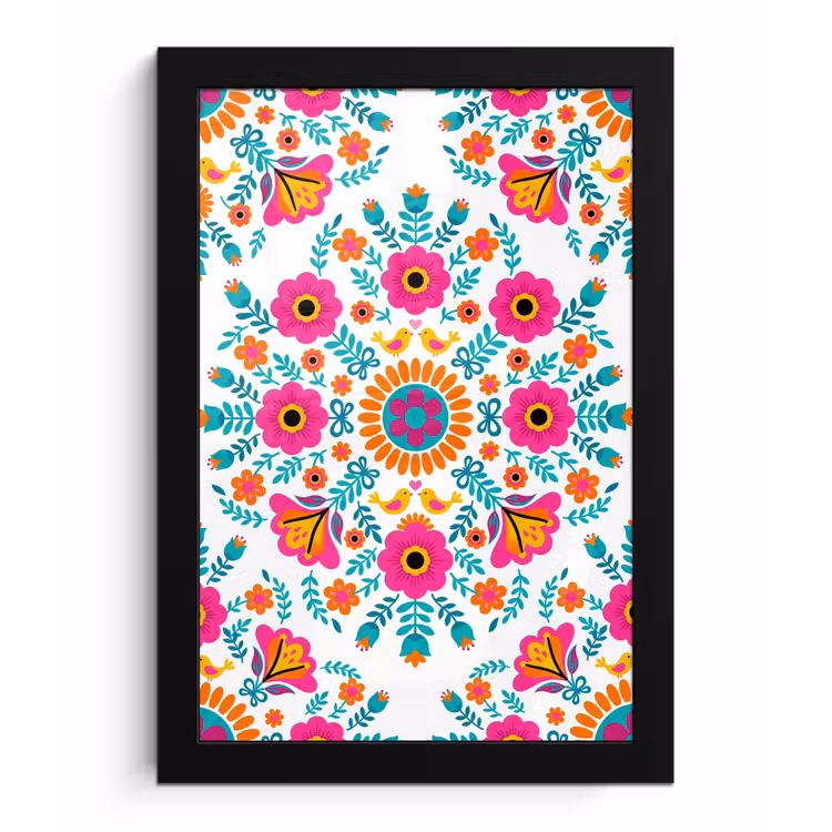 Bloemen - Vogel - Patroon - Kleurrijk - Modern fotolijst zwart zonder passe partout klein -3d