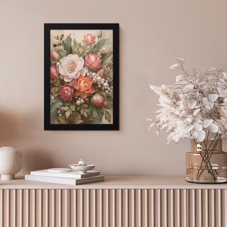 Bloemen - Parels - Elegant - Roze - Wit fotolijst zwart zonder passe partout klein -sfeer5