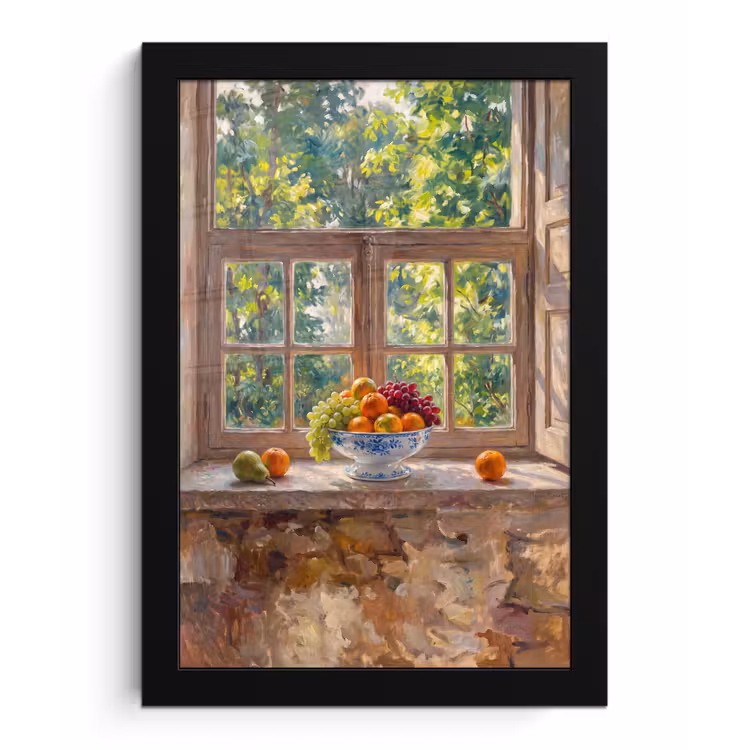 Framed Prints - Fruit - Windowsill - Nature - Fruit - Vensterbank - Natuur fotolijst zwart zonder passe partout klein