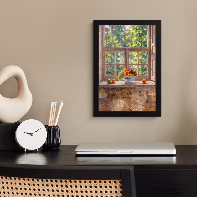 Framed Prints - Fruit - Windowsill - Nature - Fruit - Vensterbank - Natuur fotolijst zwart zonder passe partout klein