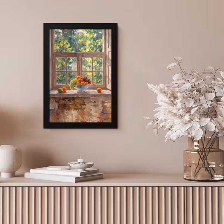 Framed Prints - Fruit - Windowsill - Nature - Fruit - Vensterbank - Natuur fotolijst zwart zonder passe partout klein