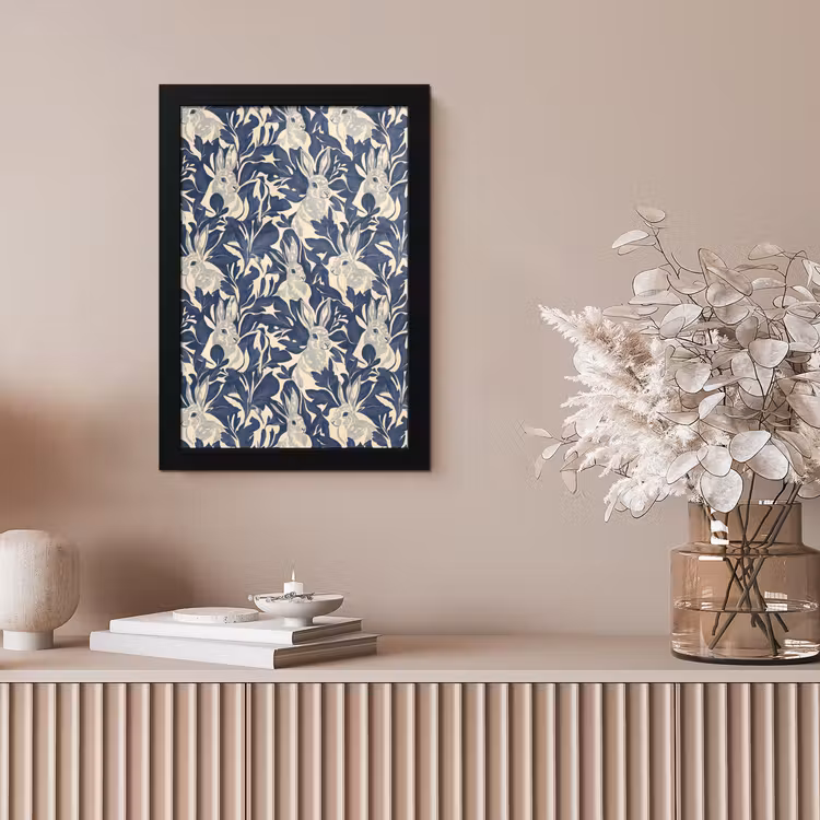 Hazen - Bladeren - Patroon - Blauw - Beige fotolijst zwart zonder passe partout klein 224 -sfeer5