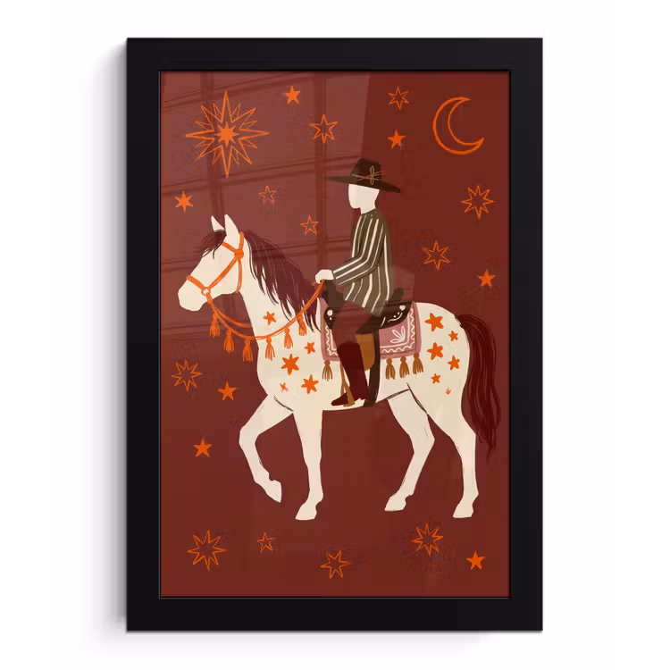 Paard - Ruiter - Sterren - Nacht - Illustratie fotolijst zwart zonder passe partout klein -3d