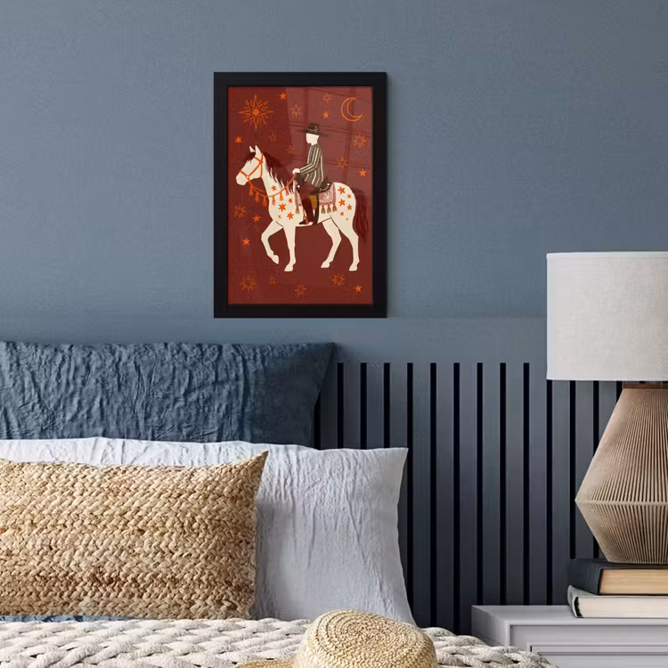 Paard - Ruiter - Sterren - Nacht - Illustratie fotolijst zwart zonder passe partout klein -sfeer3