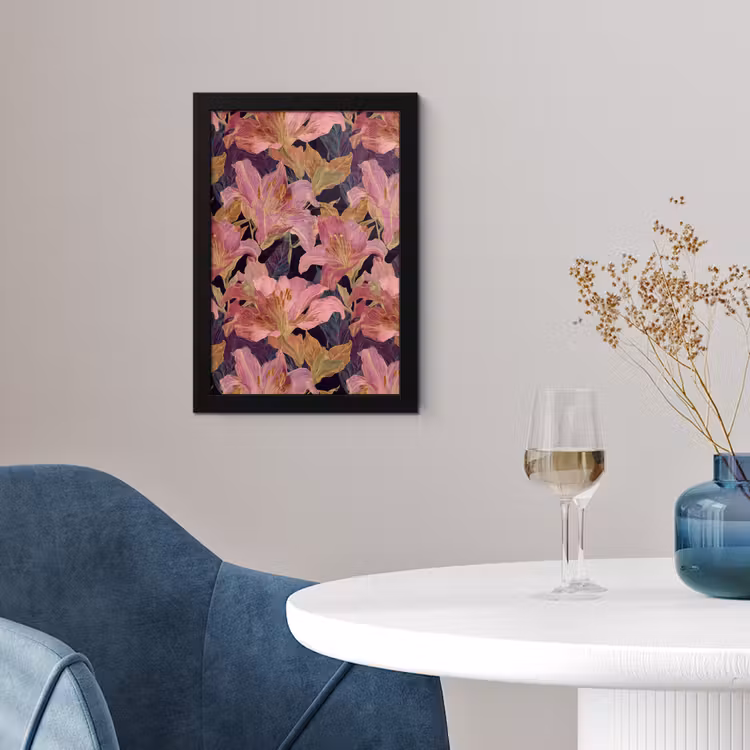 Lelies - Patroon - Roze - Goud fotolijst zwart zonder passe partout klein 224 -sfeer4