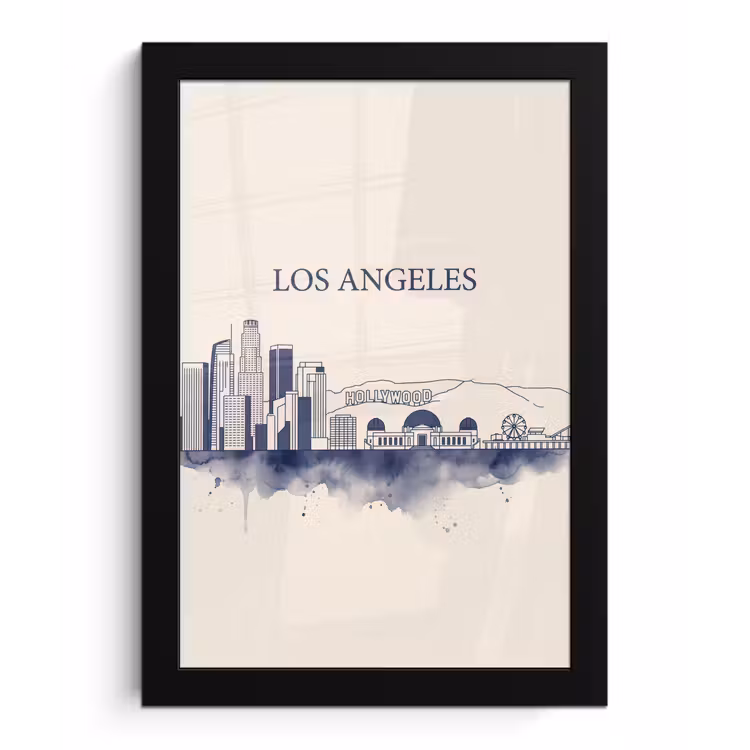 Los Angeles - Skyline - Architectuur - Aquarel - Blauw fotolijst zwart zonder passe partout klein -3d