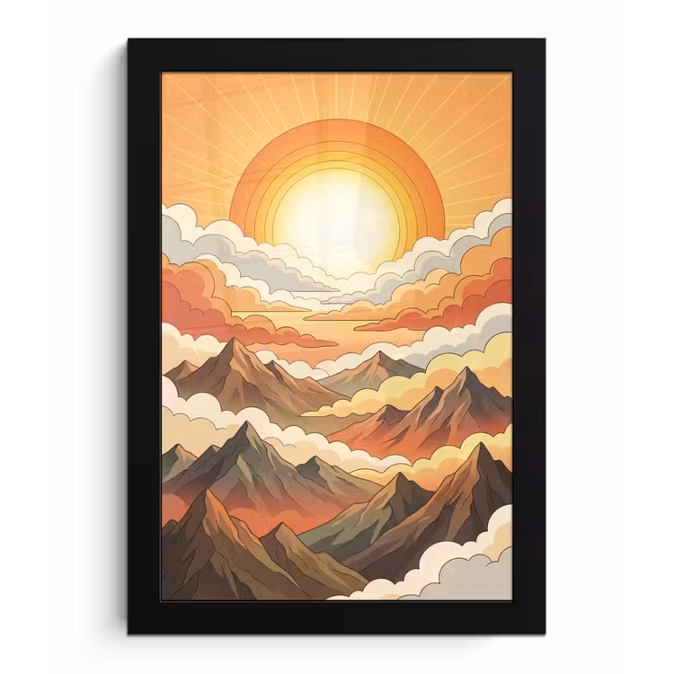 Bergen - Wolken - Natuur - Zonsopgang - Oranje fotolijst zwart zonder passe partout klein -3d