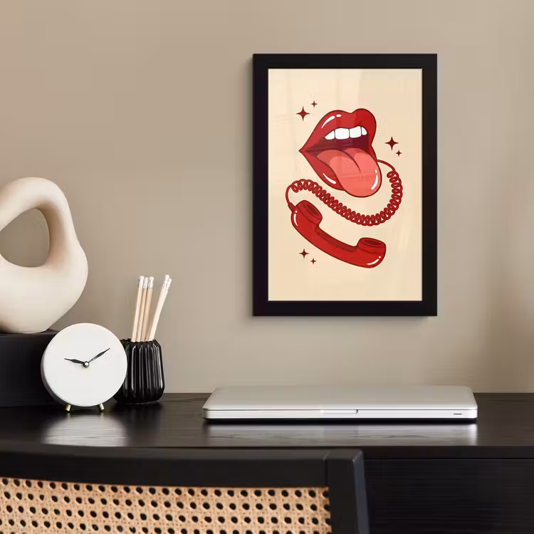 Mond - Telefoon - Popart - Rood - Illustratie fotolijst zwart zonder passe partout klein -sfeer1