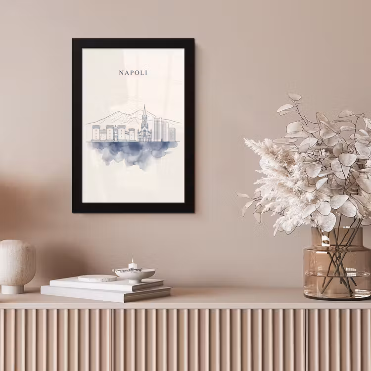 Napels - Skyline - Italie - Lijntekening - Aquarel fotolijst zwart zonder passe partout klein -sfeer5
