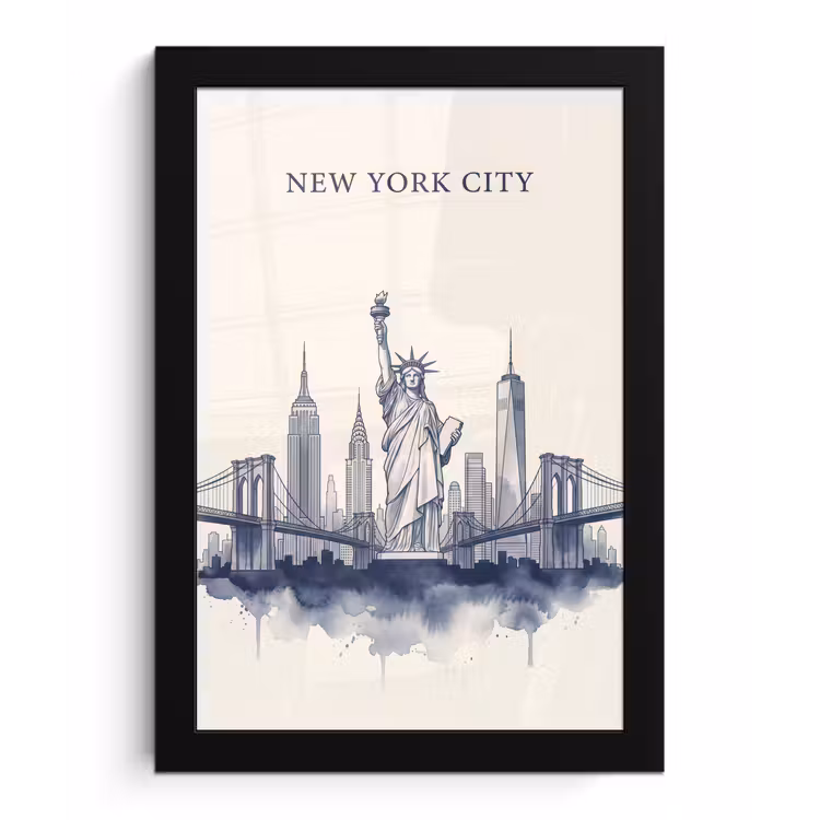 New York - Vrijheidsbeeld - Skyline - Illustratie - Blauw fotolijst zwart zonder passe partout klein -3d