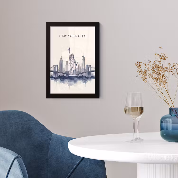New York - Vrijheidsbeeld - Skyline - Illustratie - Blauw fotolijst zwart zonder passe partout klein -sfeer4