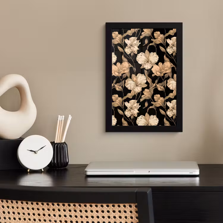 Orchideeën - Lijntekening - Patroon - Beige - Zwart fotolijst zwart zonder passe partout klein 224 -sfeer1