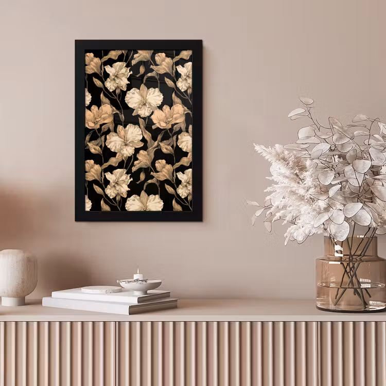Orchideeën - Lijntekening - Patroon - Beige - Zwart fotolijst zwart zonder passe partout klein 224 -sfeer5