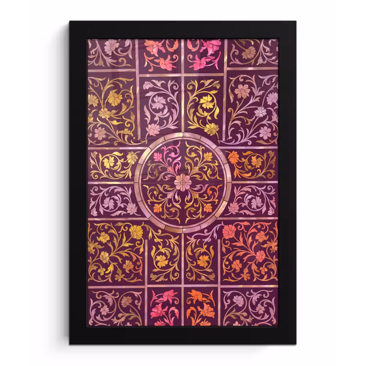 Patroon - Floraal - Oosters - Paars - Goud fotolijst zwart zonder passe partout klein -3d
