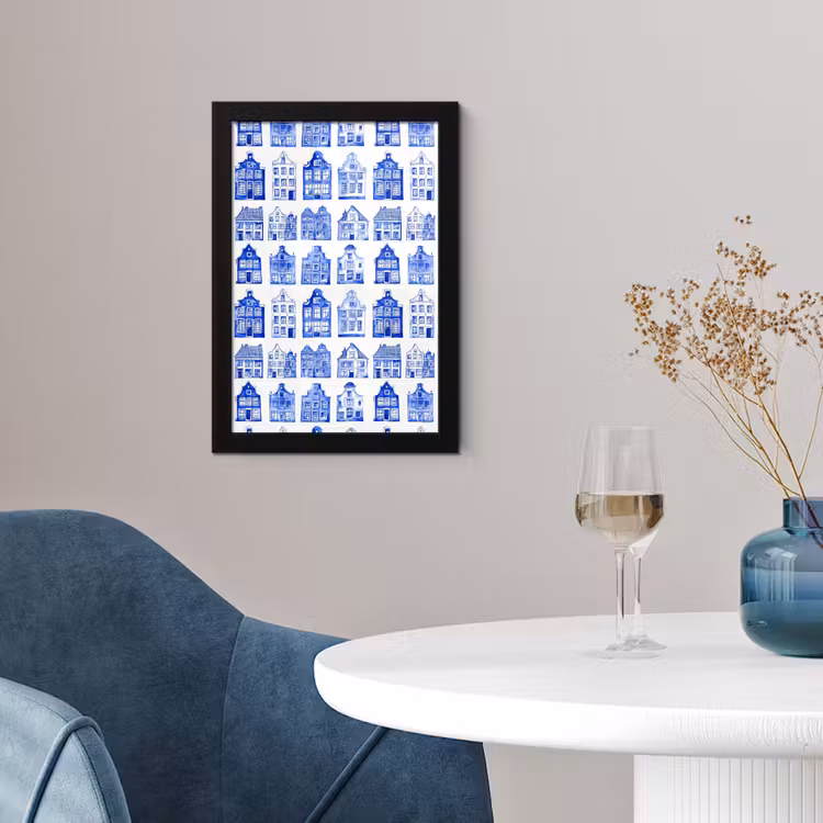 Patroon - Huizen - Blauw fotolijst zwart zonder passe partout klein 224 -sfeer4
