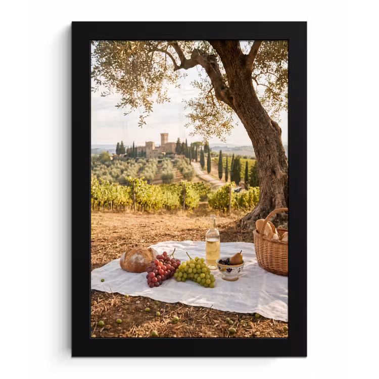 Picknick - Wijngaard - Landschap - Zomer - Eten fotolijst zwart zonder passe partout klein -3d