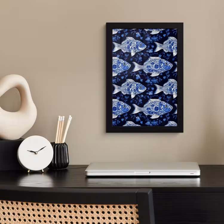 Vissen - Bloemen - Blauw fotolijst zwart zonder passe partout klein 224 -sfeer1