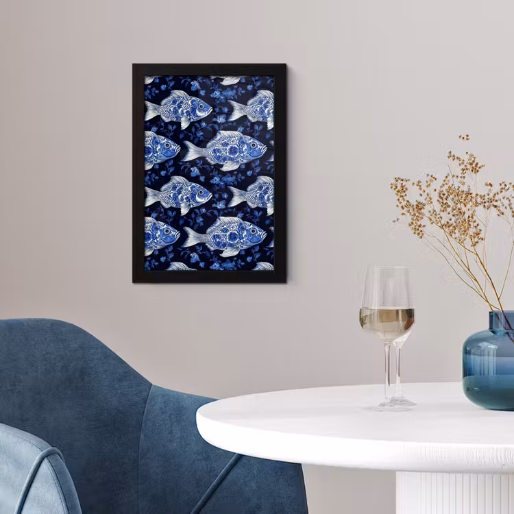 Vissen - Bloemen - Blauw fotolijst zwart zonder passe partout klein 224 -sfeer4